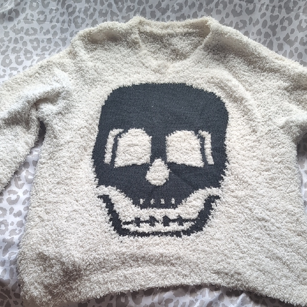 Cream Fuzzy Sweater with Skull Design